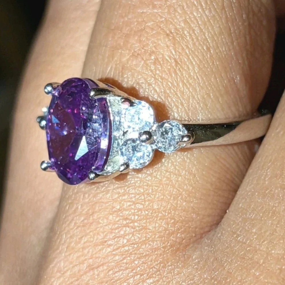 925 Dazzling 8 Ct Brilliant Cut Amathyst  Oval Stone Engagement Ring Sz 9